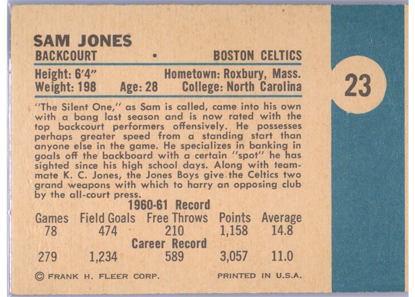 1961-62 Fleer Basketball #23 Sam Jones back (printed sideways)
