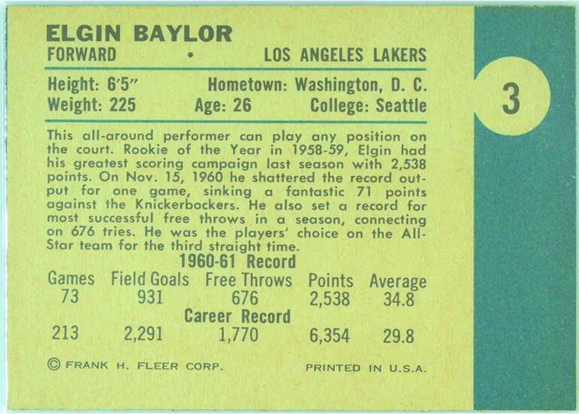 1961-62 Fleer Basketball #3 Elgin Baylor back (printed sideways)