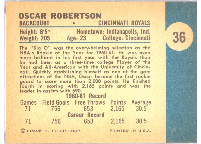 1961-62 Fleer Basketball #36 Oscar Robertson back (printed sideways)