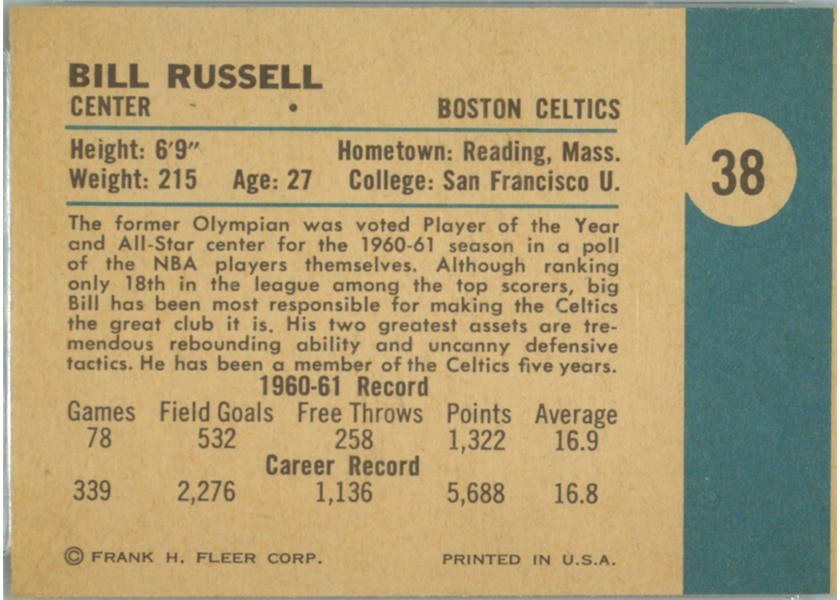 1961-62 Fleer Basketball #38 Bill Russell back (printed sideways)