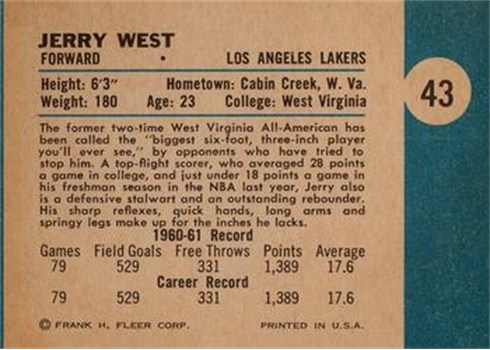 1961-62 Fleer Basketball #43 Jerry West back (printed sideways)