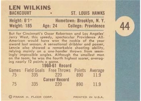 1961-62 Fleer Basketball #44 Len Wilkens back (printed sideways)