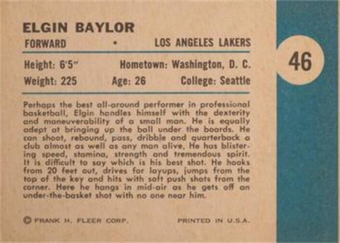 1961-62 Fleer Basketball #46 Elgin Baylor In Action back (printed sideways)