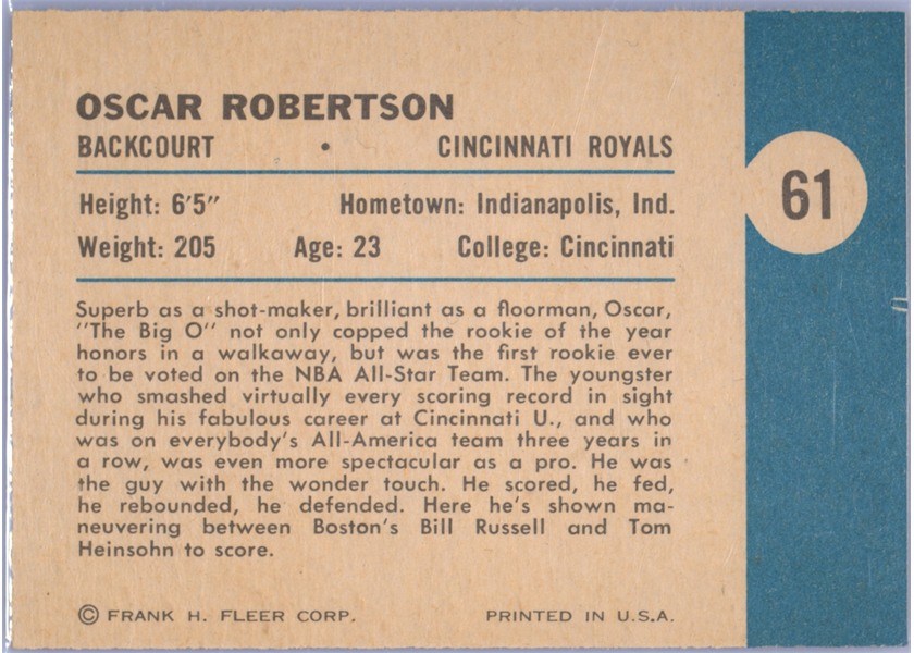 1961-62 Fleer Basketball #61 Oscar Robertson In Action back (printed sideways)