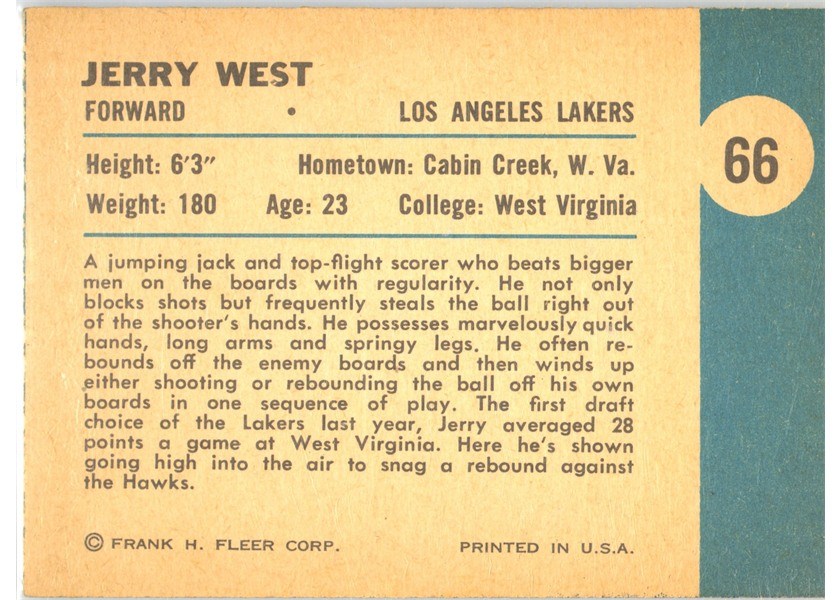 1961-62 Fleer Basketball #66 Jerry West In Action back (printed sideways)