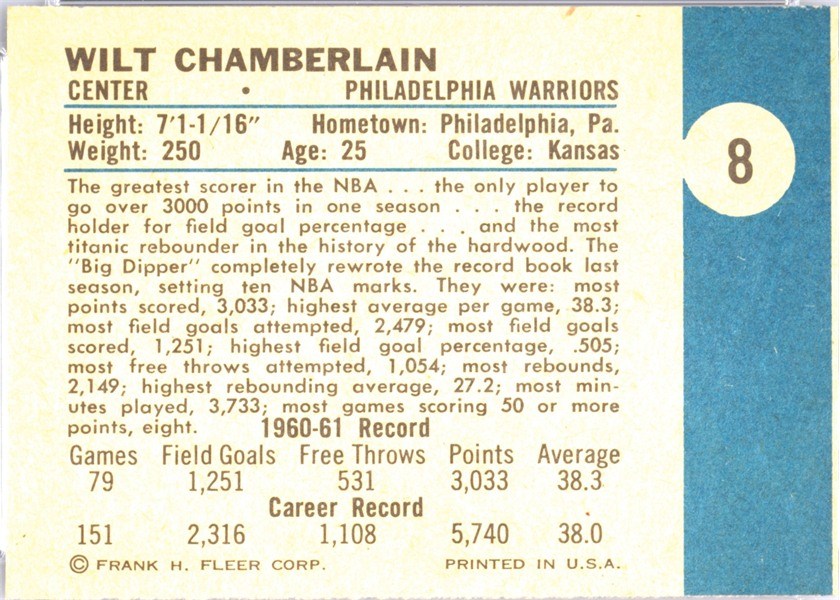 1961-62 Fleer Basketball #8 Wilt Chamberlain back (printed sideways)