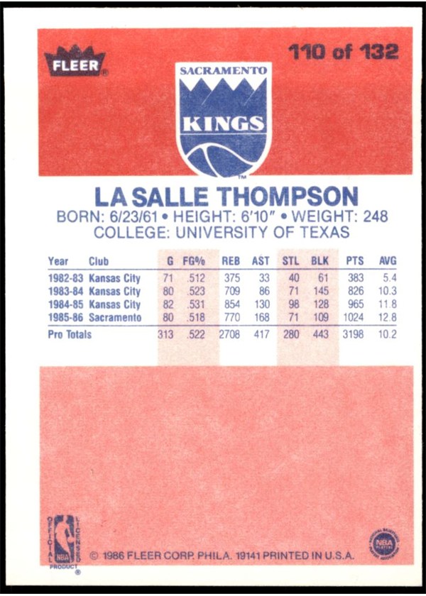 1986-87 Fleer #110 LaSalle Thompson card back