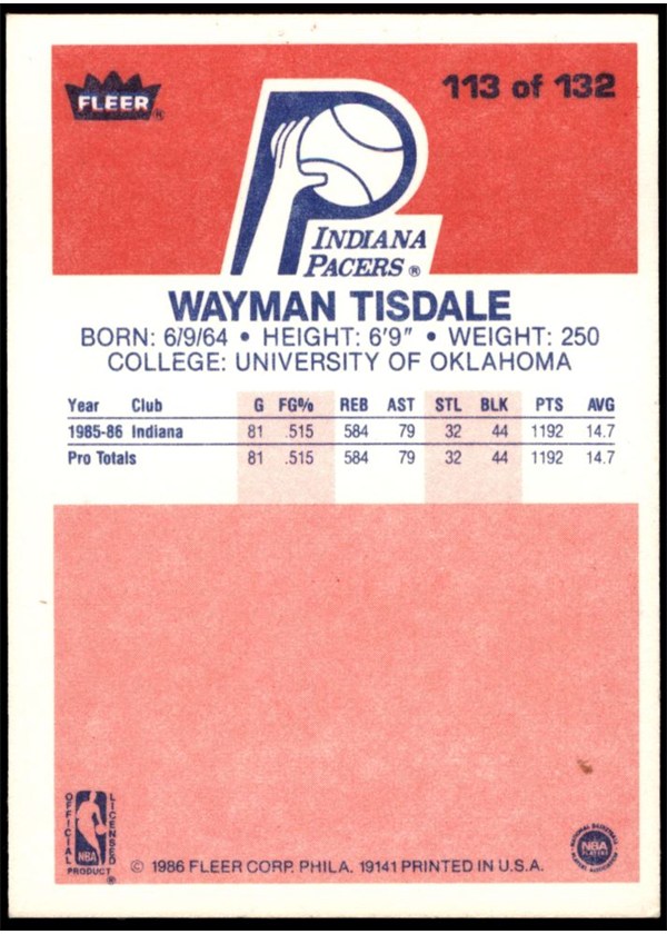 1986-87 Fleer #113 Wayman Tisdale card back