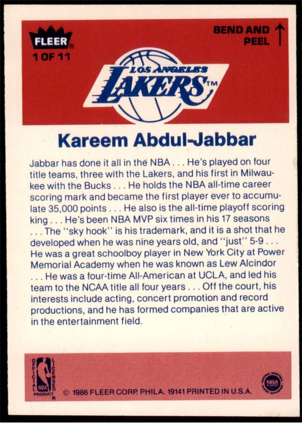 1986-87 Fleer Sticker #1 Kareem Abdul-Jabbar card back