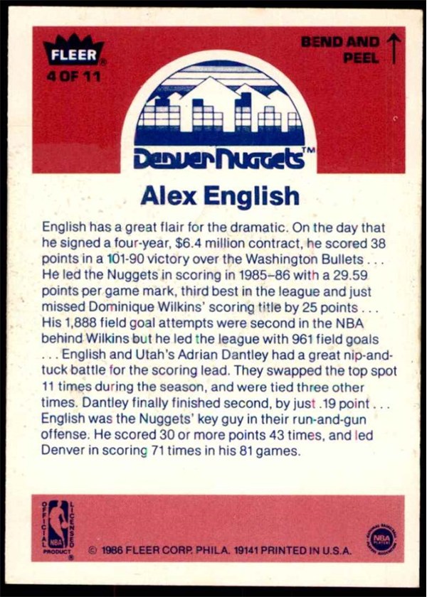 1986-87 Fleer Sticker #4 Alex English card back