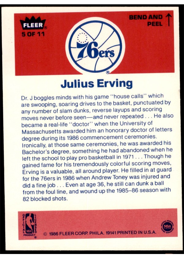 1986-87 Fleer Sticker #5 Julius Erving card back