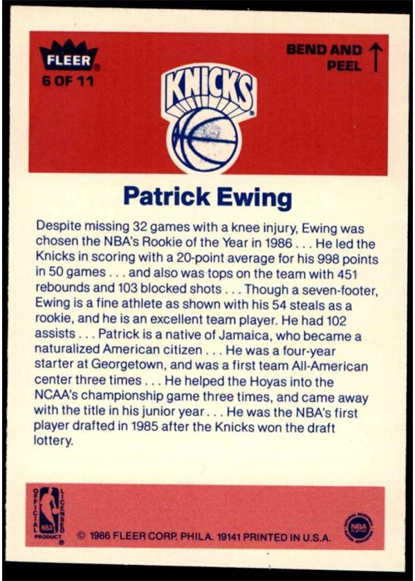 1986-87 Fleer Sticker #6 Patrick Ewing card back