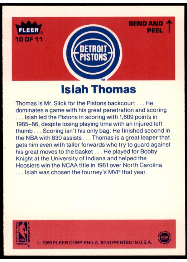 1986-87 Fleer Sticker #10 Isiah Thomas card back