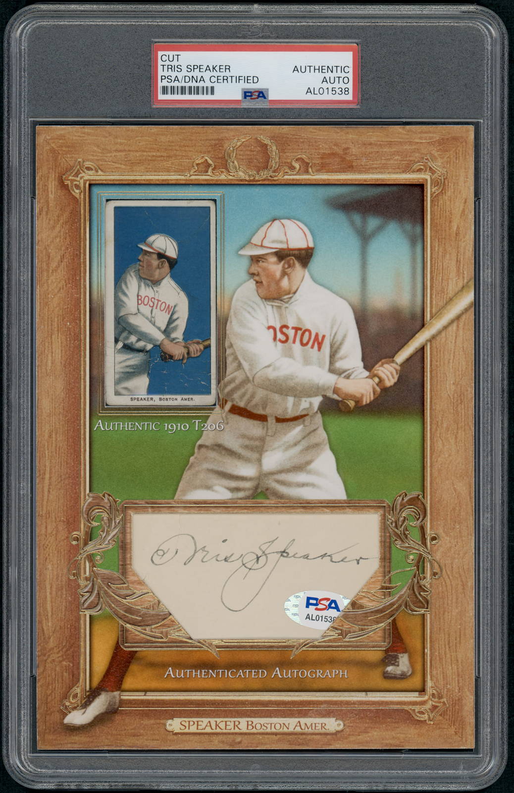 The finished Tris Speaker T206 plus autograph custom card, front, in a PSA holder