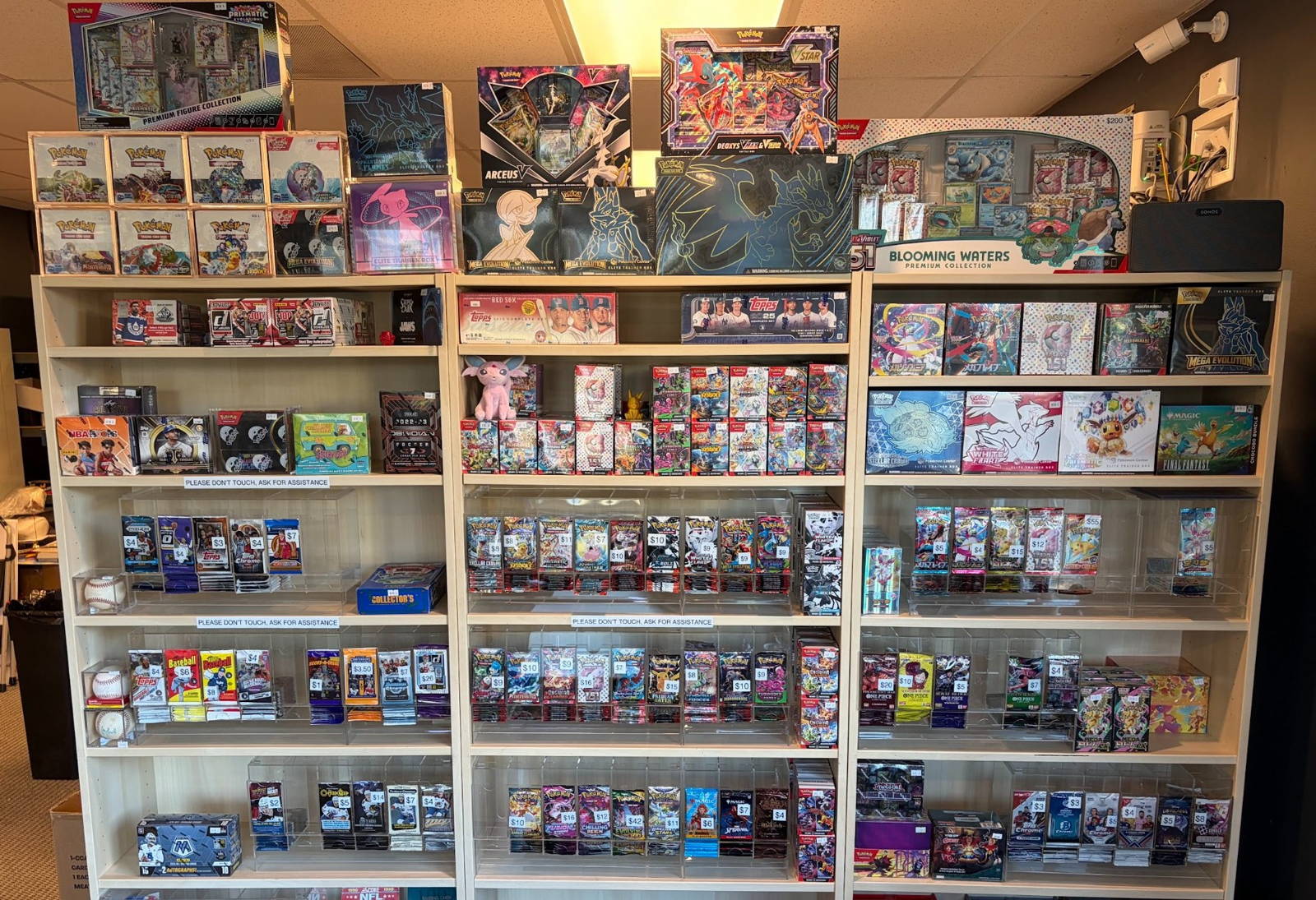 A display of hanger boxes, single packs, and supplies