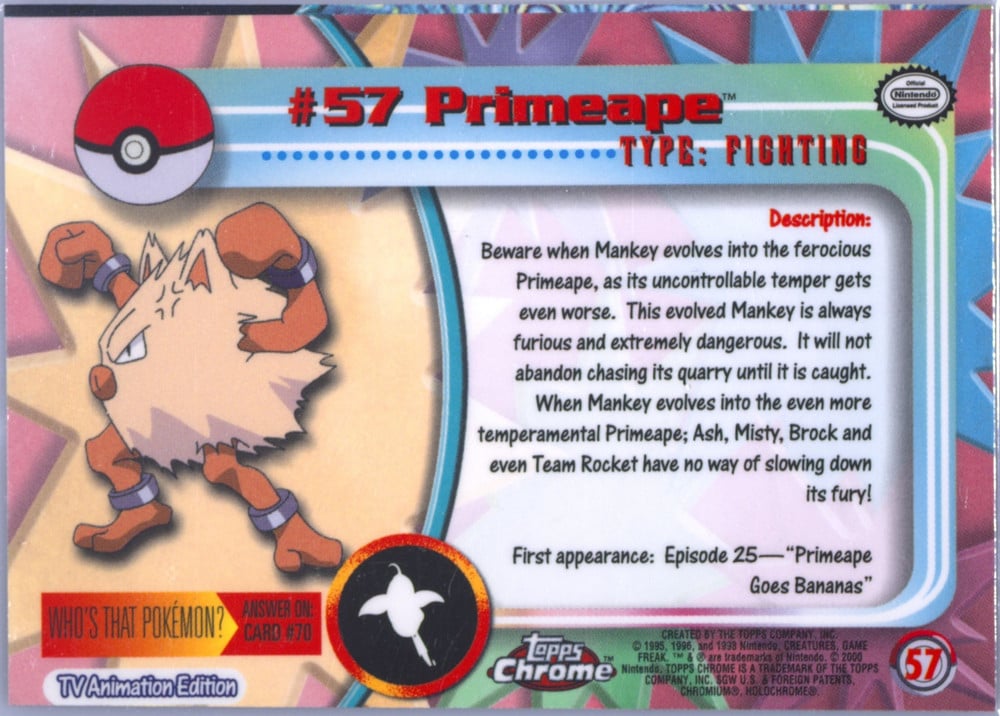 Primeape Topps Chrome card back