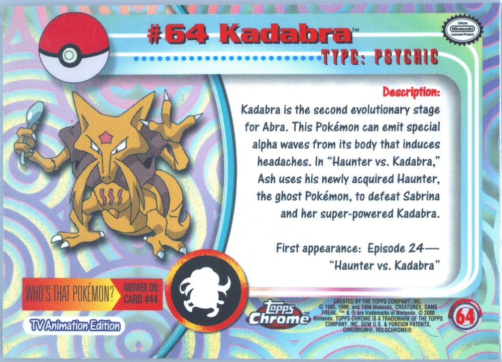 Kadabra Topps Chrome card back