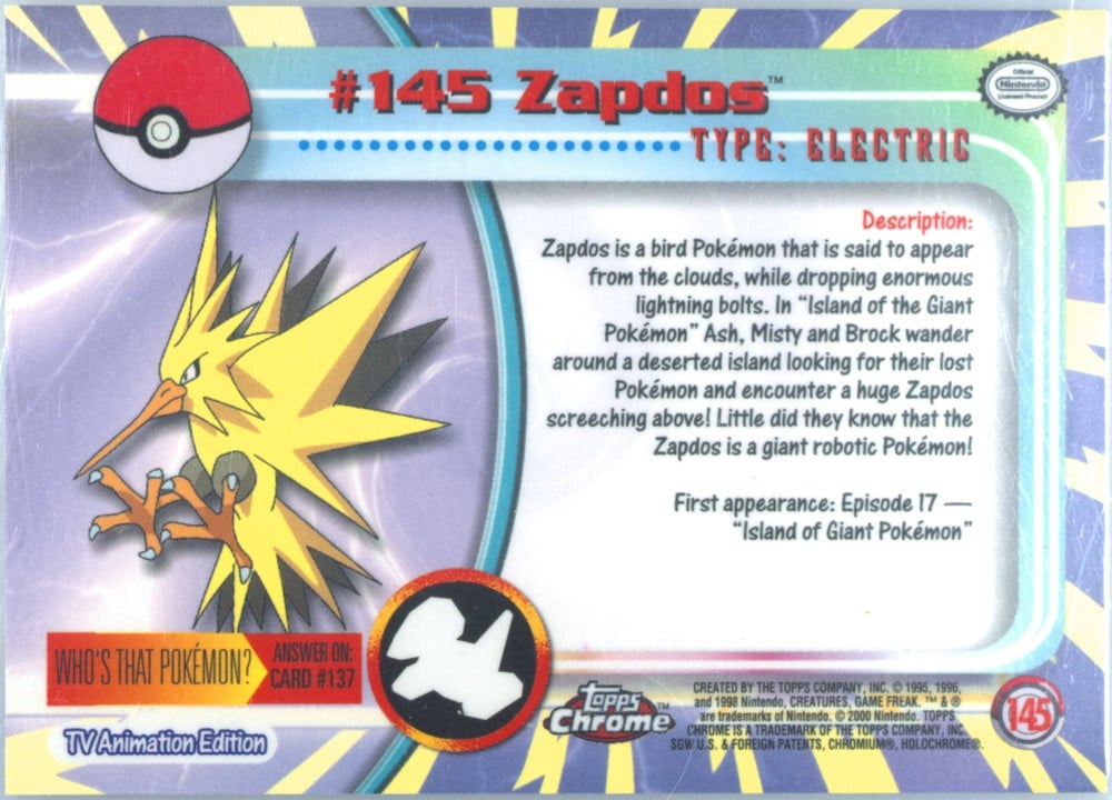 Zapdos Topps Chrome card back